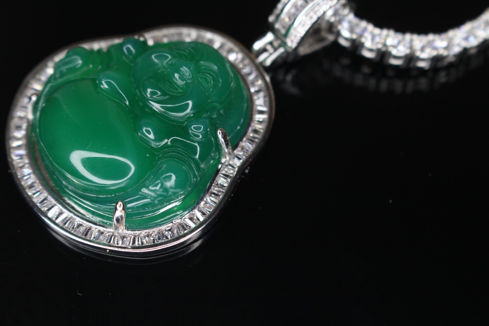 14k STAMPED Happy Buddha GREEN Jade Pendant TENNIS 44ct Lab Sim BAGUETTE Diamond