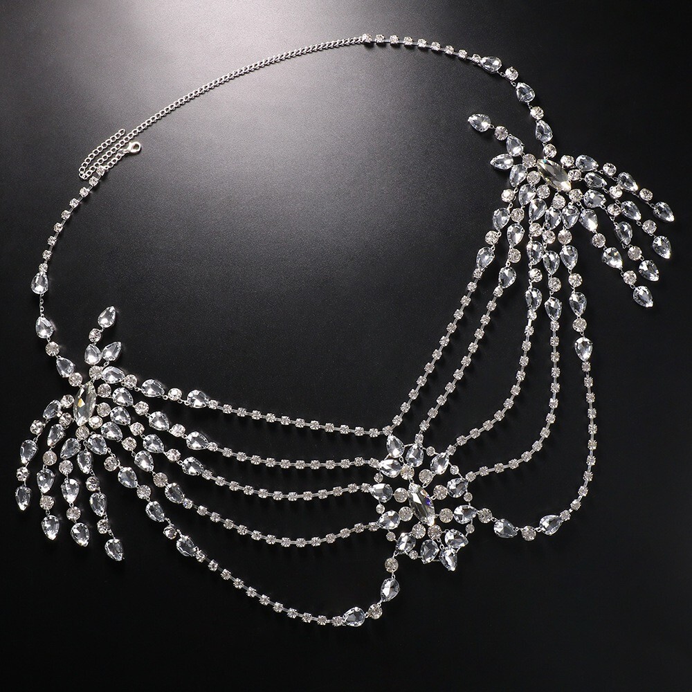 Women Crystal Body Chain Shawl Shoulder Necklace Accessory Gown Match