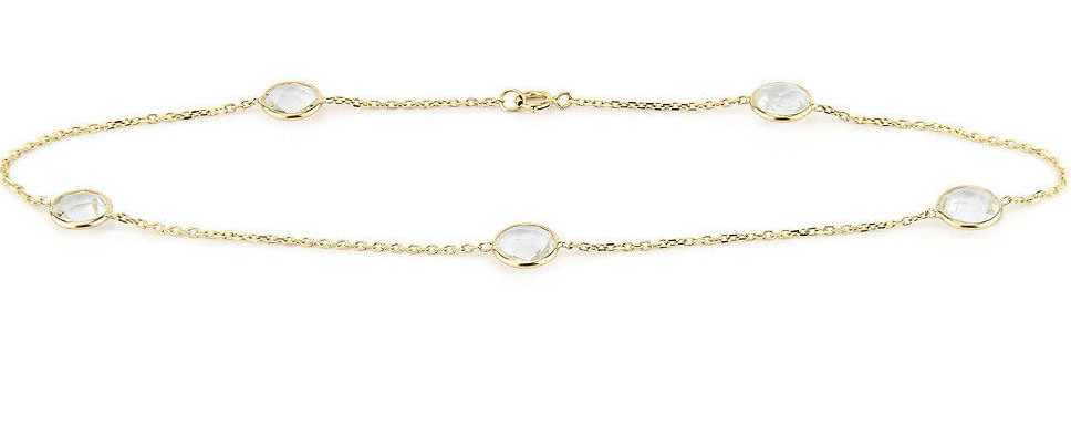 14K Yellow Gold Anklet With Round Shape Clear Quartz Gemstones 9.5 Inches