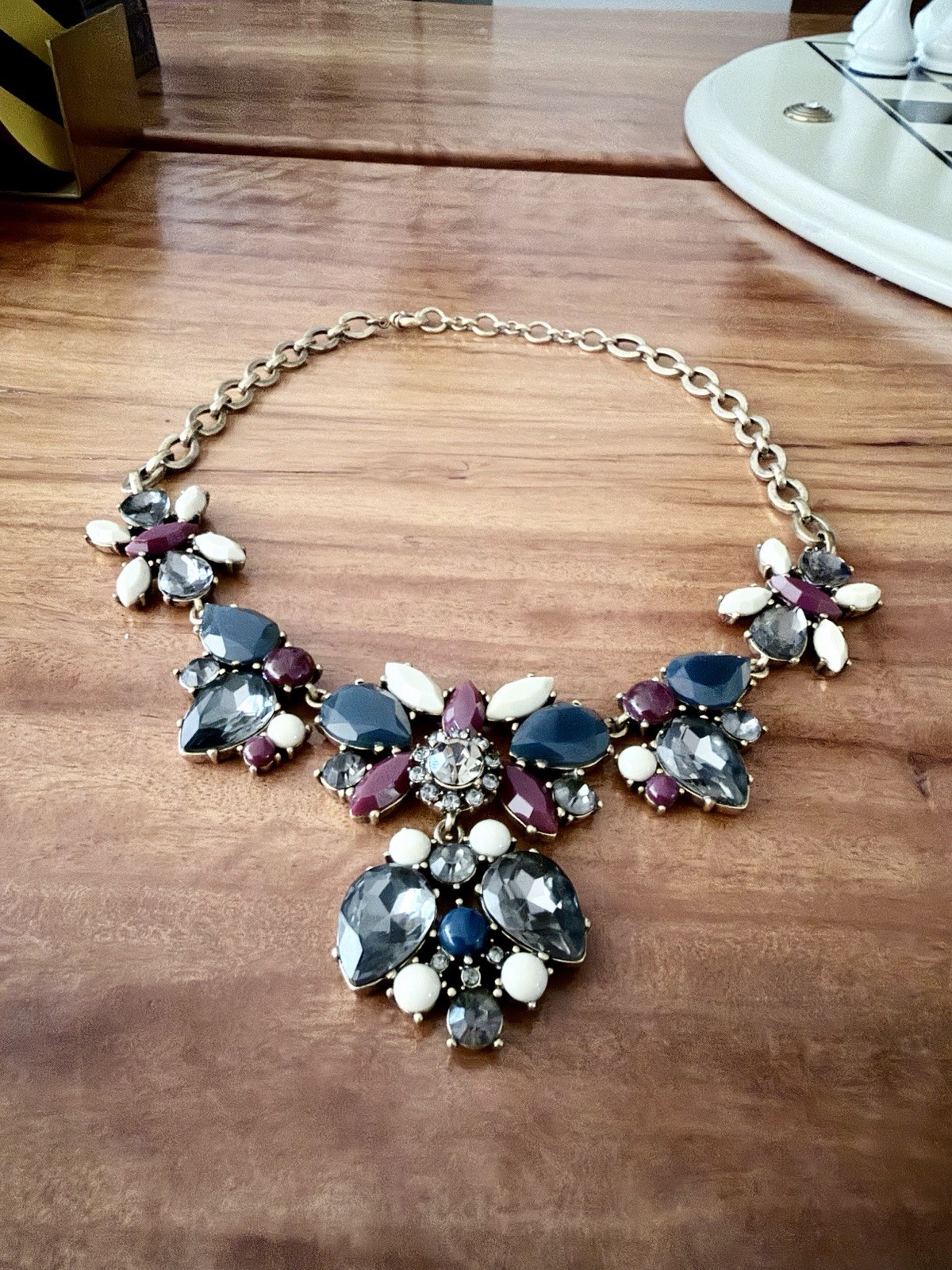 J.Crew Statement Bib Necklace Navy Burgundy Gray Crystal Gold Tone NWOT