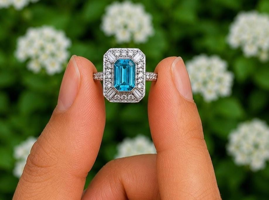 2.50Ct Emerald Lab Created Blue Topaz Halo Engagement Ring 14K White Gold Plated