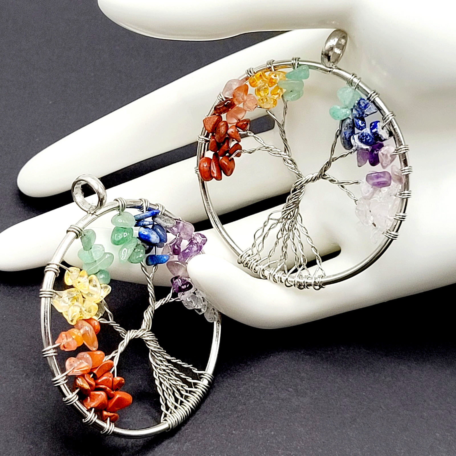 2 Tree of Life Silver Tone Twist Crystal Multi Stone Seven Chakras Round Pendant