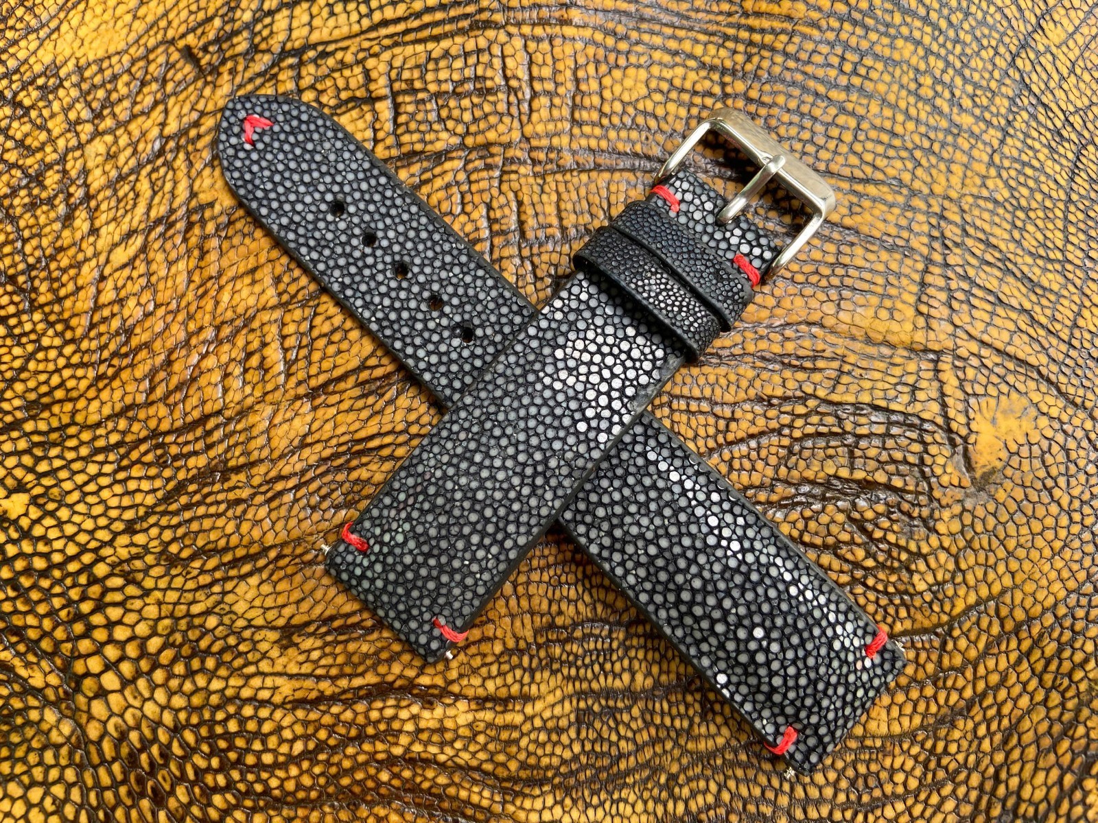 Black Stingray Leather Watch Strap Band, Size 18mm 19mm 20mm 21mm 22mm 24mm 26mm