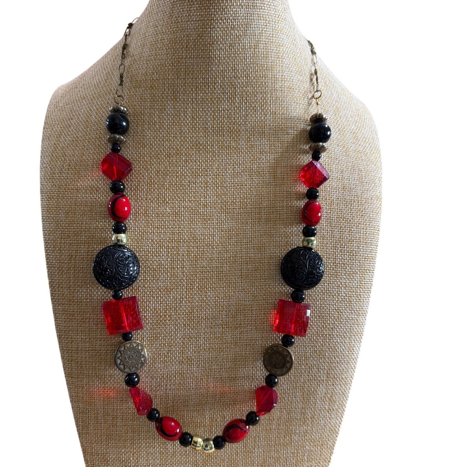 Red and Black Beaded Statement Necklace Boho Gold Tone Mixed Media Layering