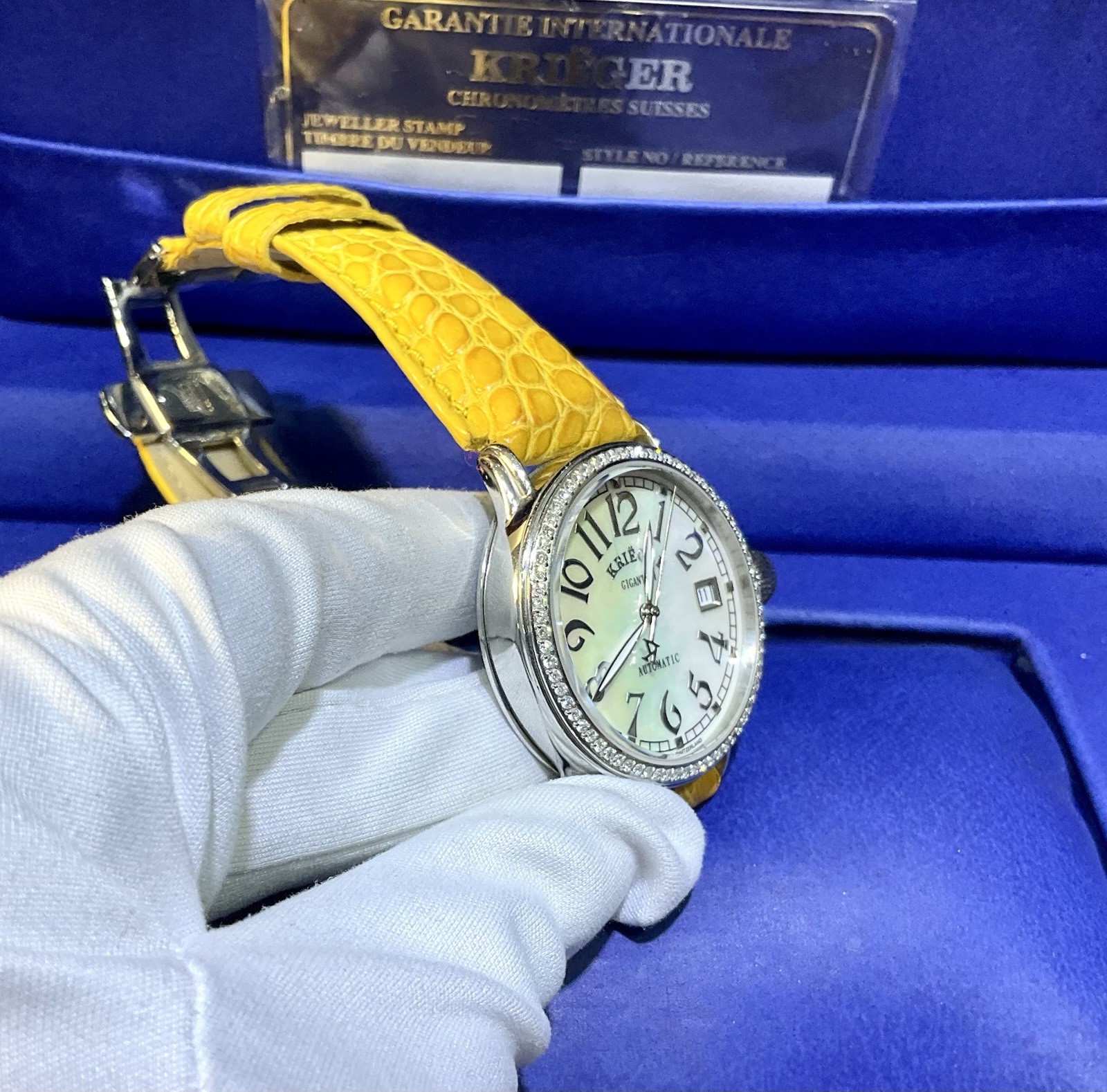 Krieger Gigantium Diamond Bezel MOP Dial Leather Strap Watch Full Set