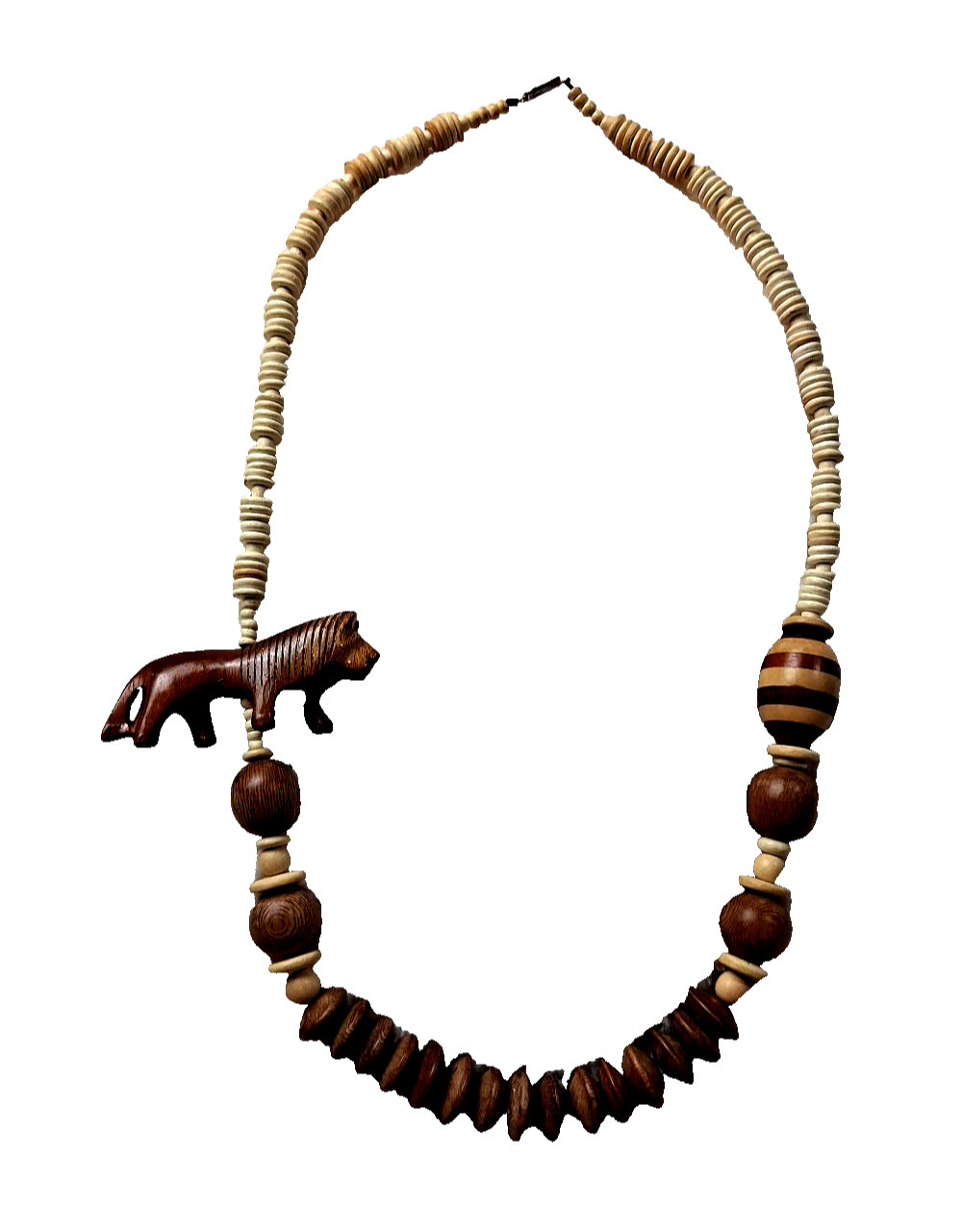 Vtg Earth Tone Wood Beaded 25″ Necklace w/ Hand Carved Lions Boho Beach Vacation