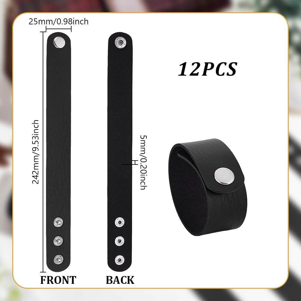 12Pcs Plain Punk Leather Bracelets, Black Snap Bracelets, Blank PU Leather Cuff