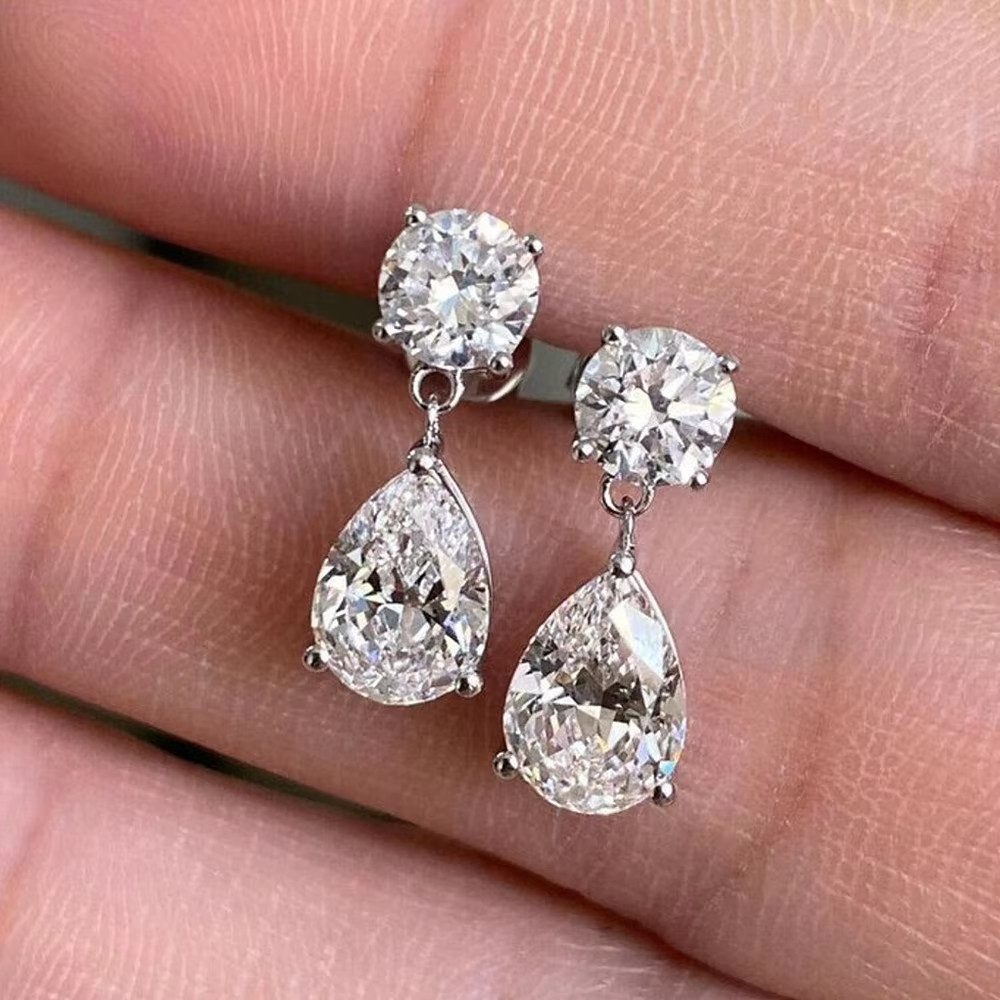 5.00Ct Pear Round Cut Moissanite Drop Earrings 925 Silver 14k White Gold Plated