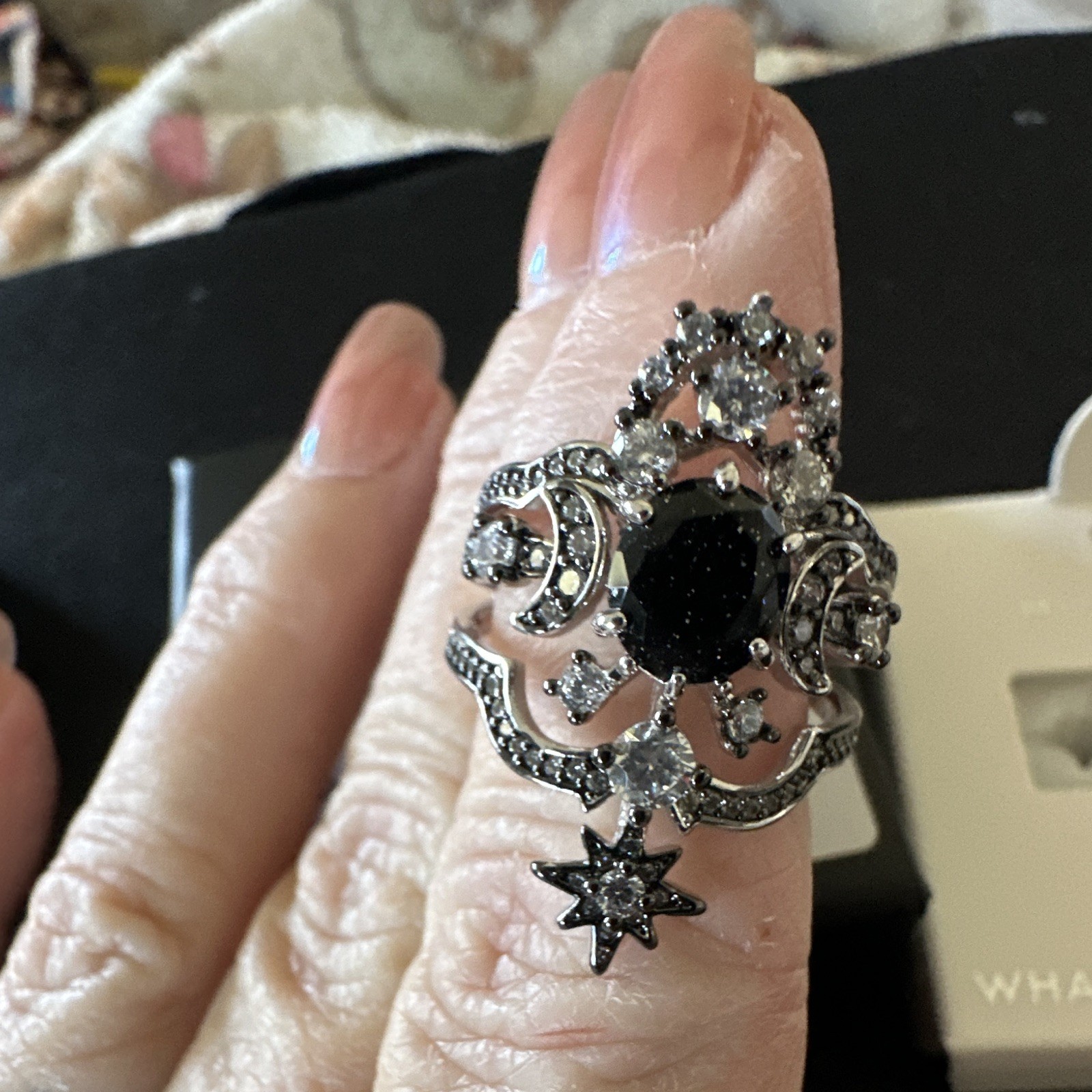 Obsidia Celestial Cocktail Ring Onyx Sandstone CZ Rhodium Plated 7 RG40811