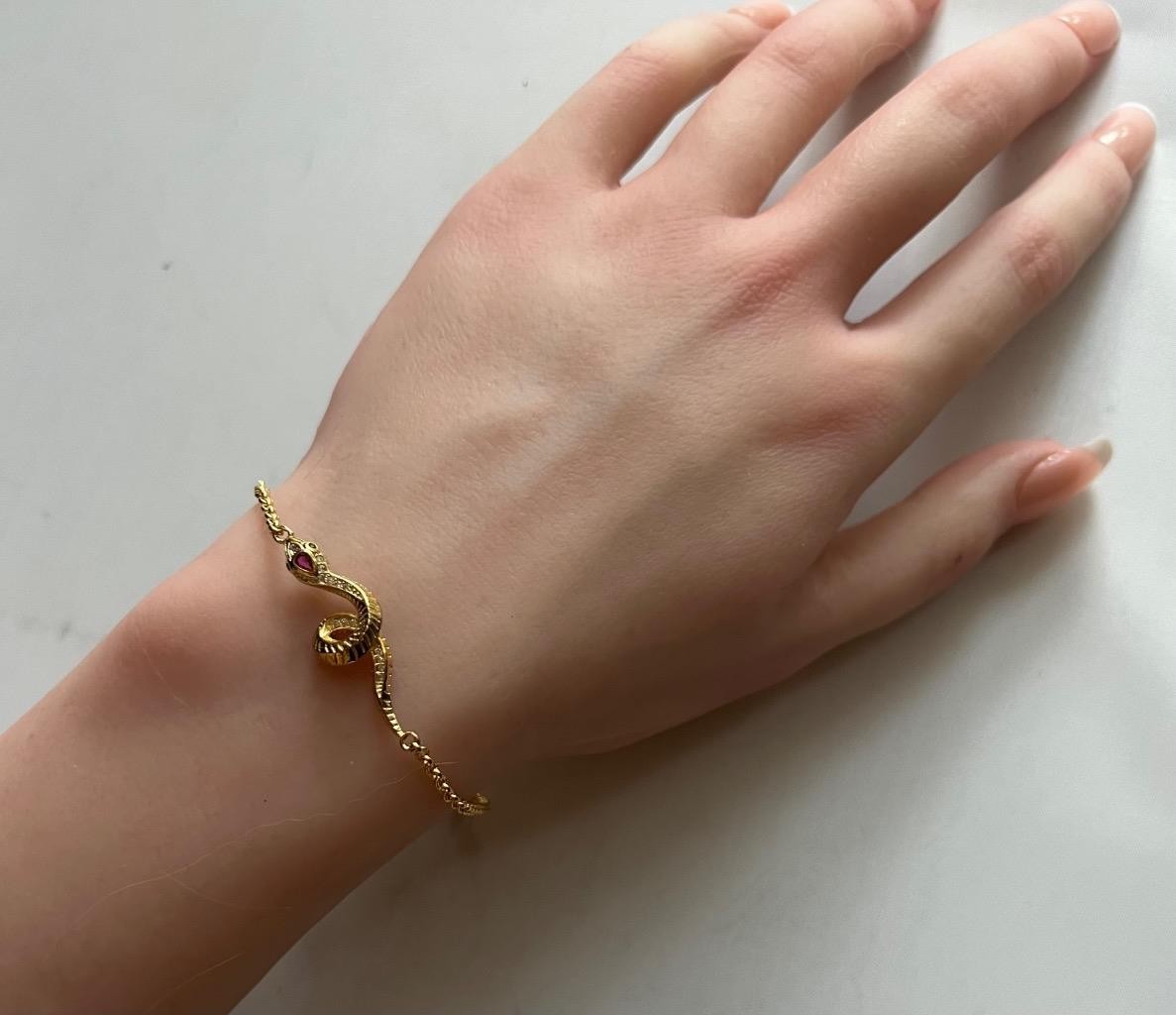 REAL 14K Y Gold on Solid 925 ruby diamond Snake Bracelet Victorian Egyptian Rev.