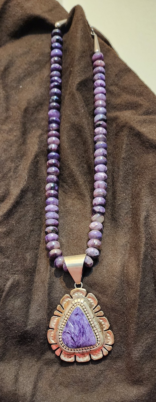 Handmade Navajo Sterling NAVAJO Silver and Charoite Pendent & Necklace L BEGAY