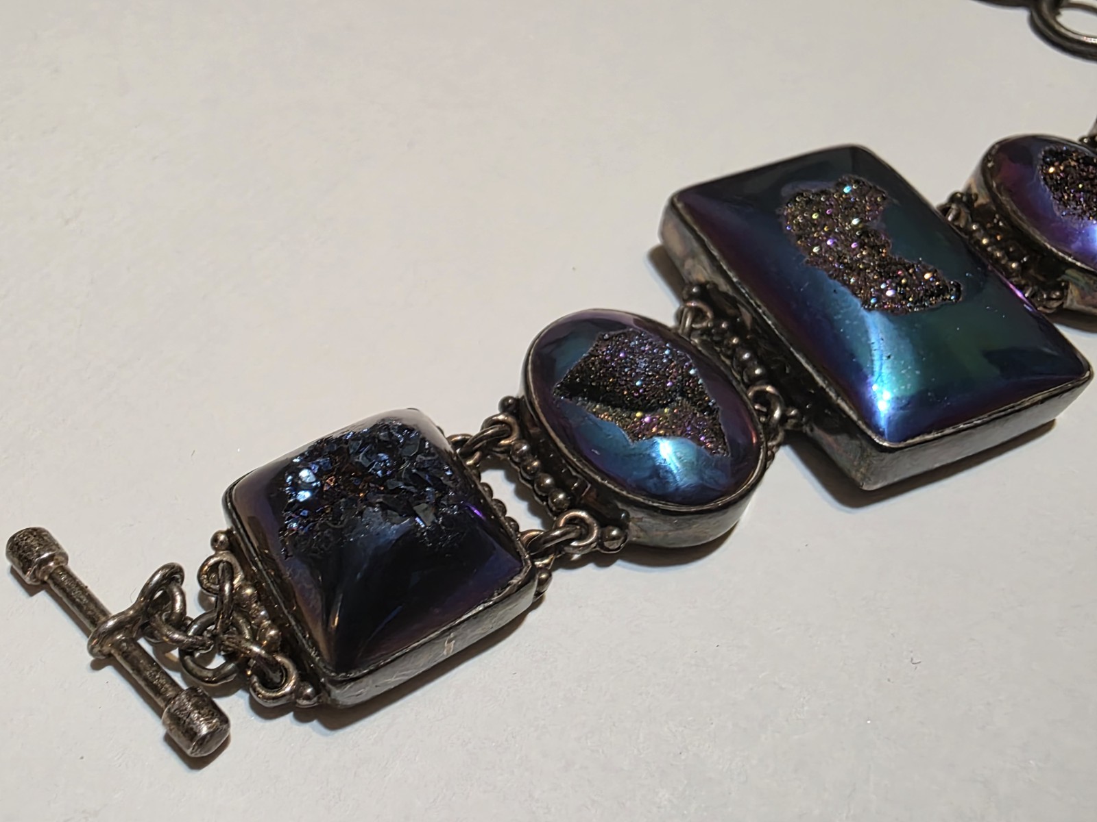 Signed SAJEN 925 Sterling Silver Chalcedony Amethyst Druzy Quartz Bracelet 45g