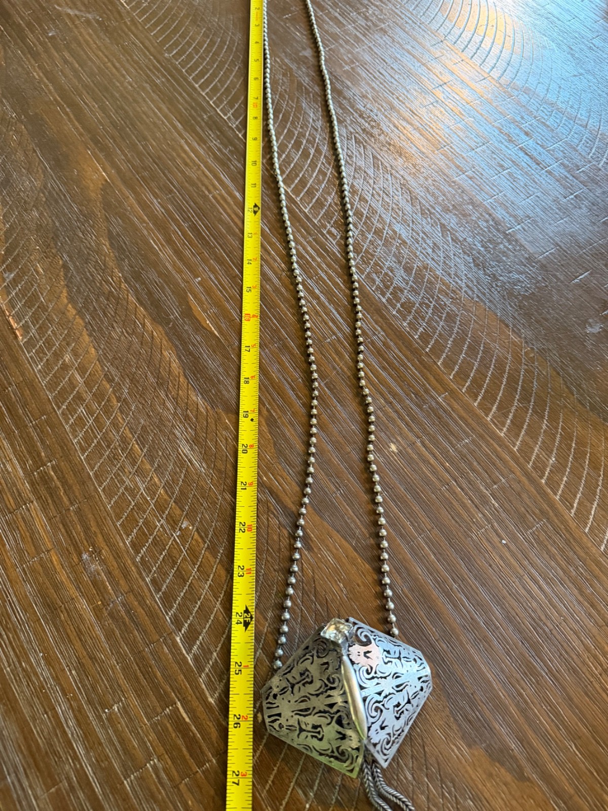Avant Guard Long Filligree Silver toned Necklace with Crystal on Ball Chain