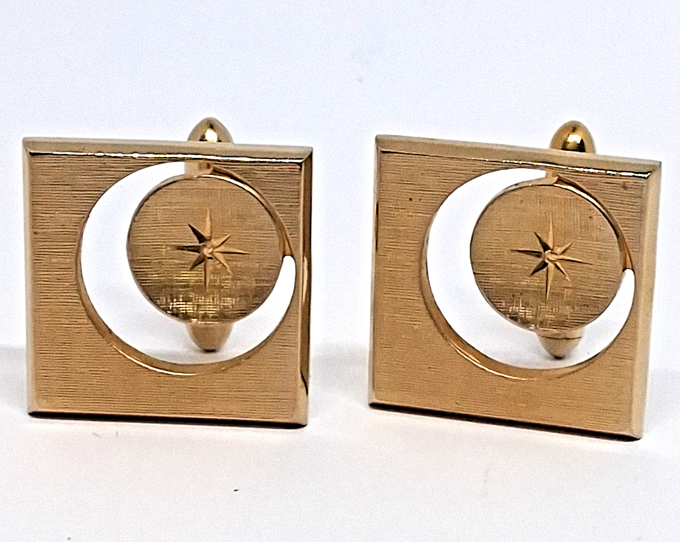 Vintage Swank Gold Tone Square with Crescent Outline and Star Center Cufflinks