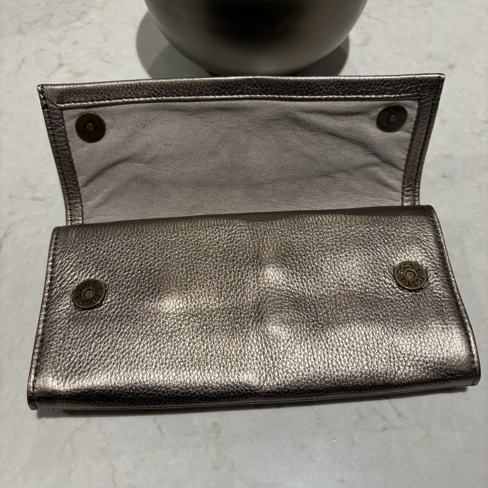 FOSSIL Soft Metallic Bronze Leather Flap Travel Jewelry Case Roll Clutch Wallet
