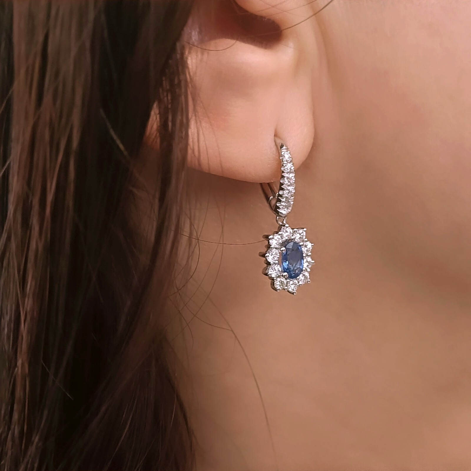 18kt White Gold Diamond Oval Blue Sapphire Nun Earrings