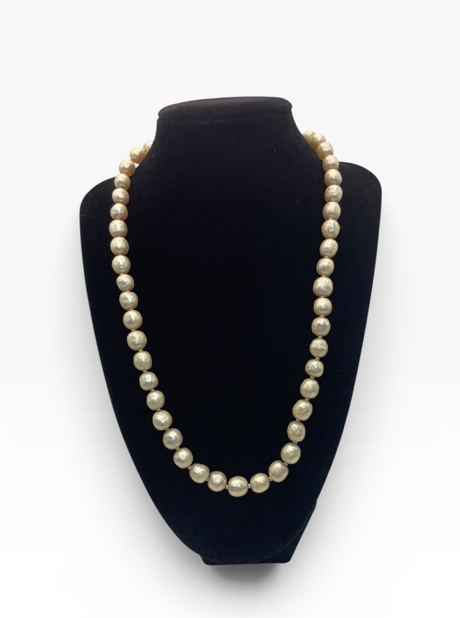 Vintage Judith McCann NY Shuvon Faux Pearl Necklace Signed Rhinestone Clasp