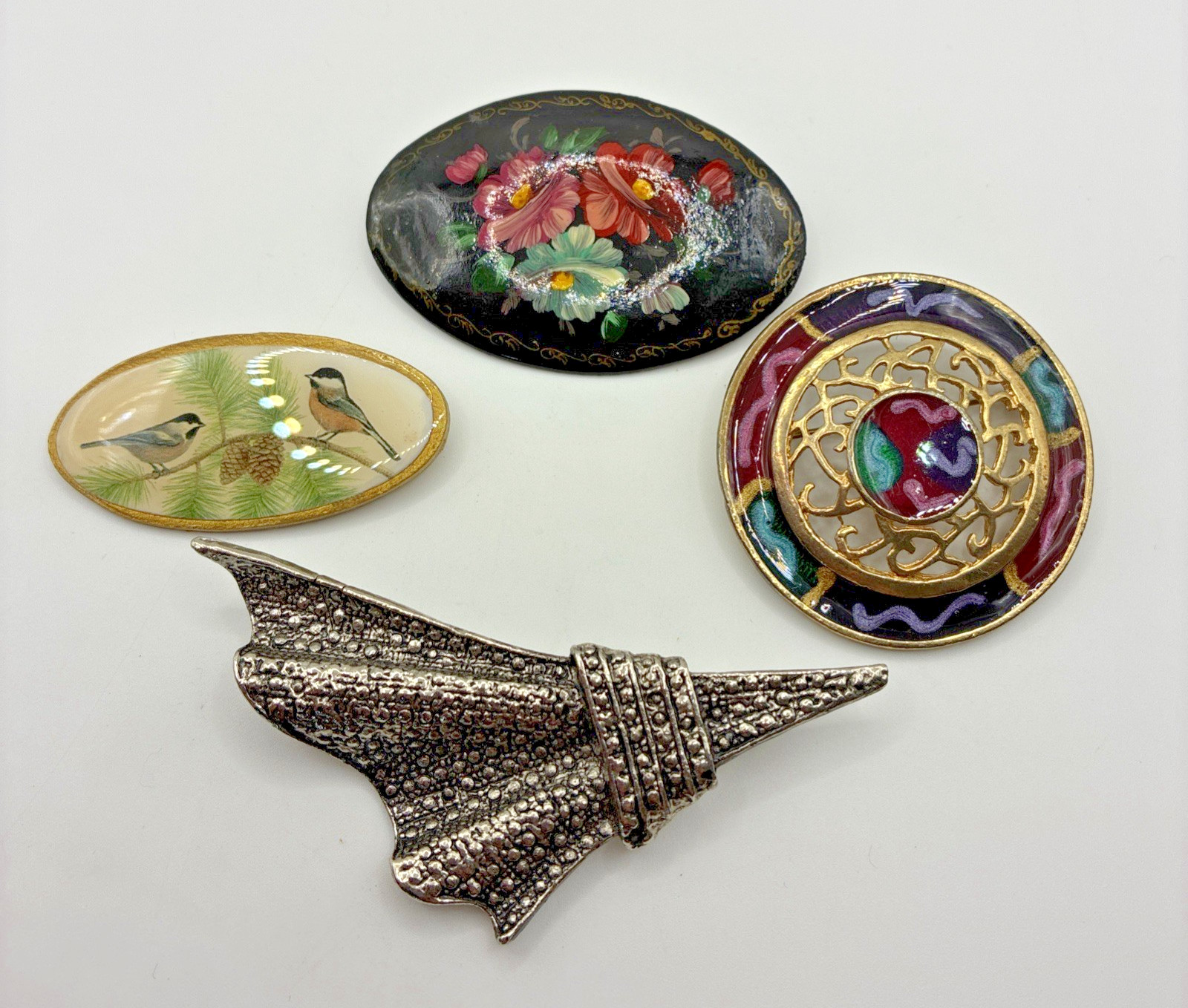 Vintage Brooch Lot Floral Nature Birds Hand Painted Silve Tone Statement Pin