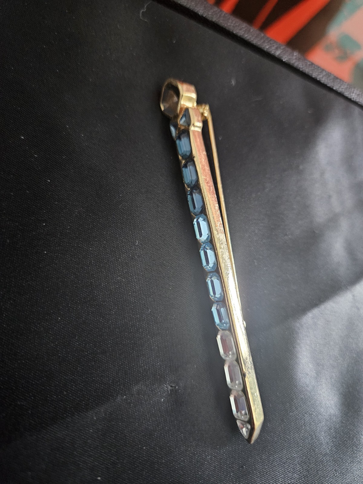 Rare Authentic Vintage Christian Dior Gradient Blue Ombre Rhinestone Bar Brooch