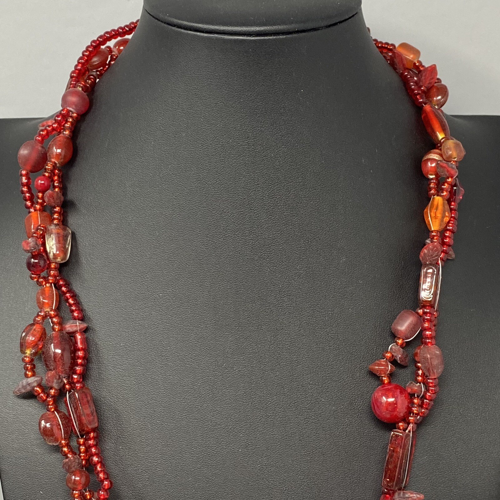 VTG Boho Glass Necklace Red Burgundy Glass Beads Czech Dichroic Frost Molded 24″