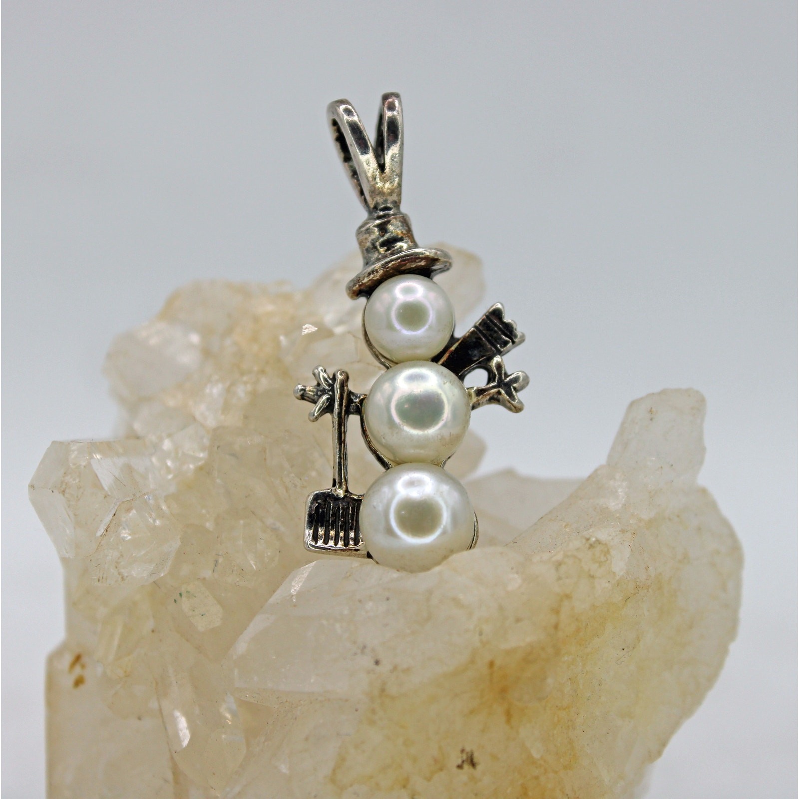 Sterling Silver Schube Manufacturing Faux Pearl Snowman Pendant