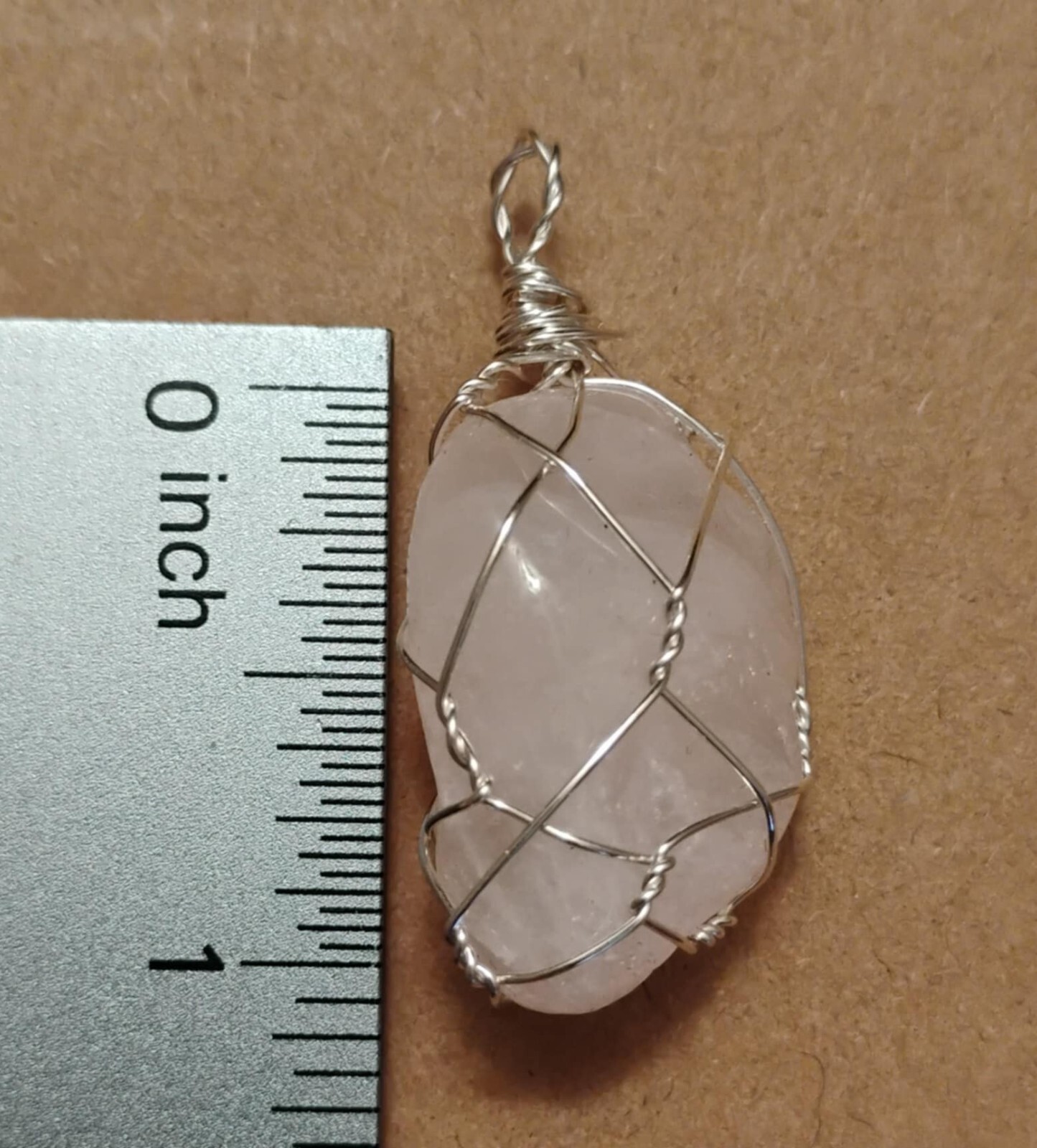 Natural Rose Quartz Crystal Pendant Hand-wrapped in Silver-coated Wire