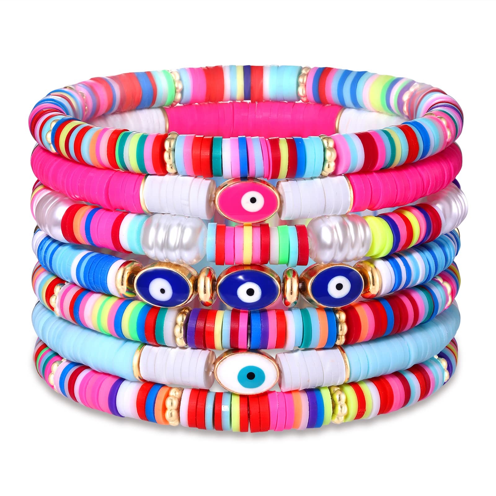 Summer Bracelets Polymer Clay Beads Stretch Bracelets Set Evil Eye Pearl Brac…