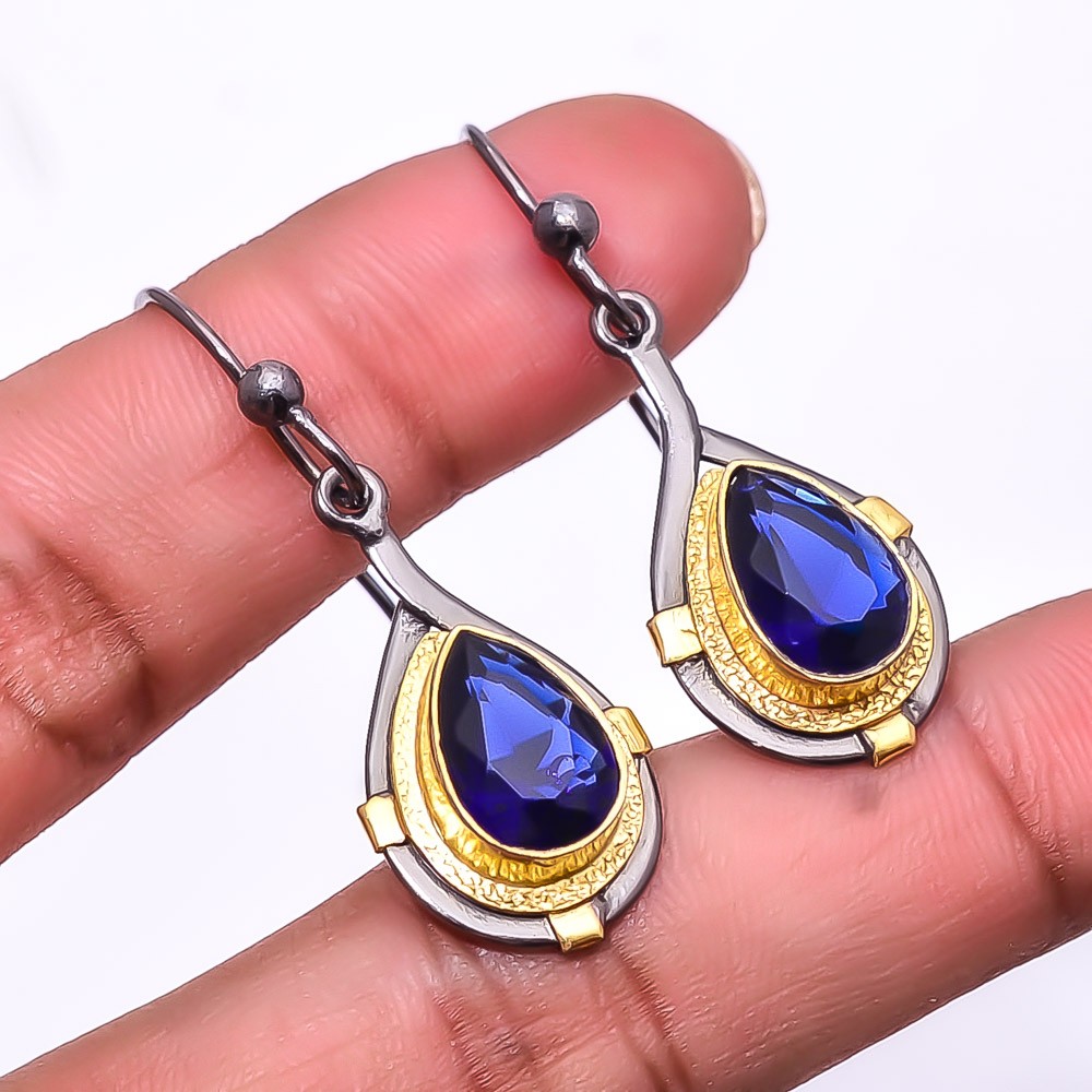 Blue Sapphire (Simulated) 925 Silver Black And Gold Rhodium Plated Earring 1.76″