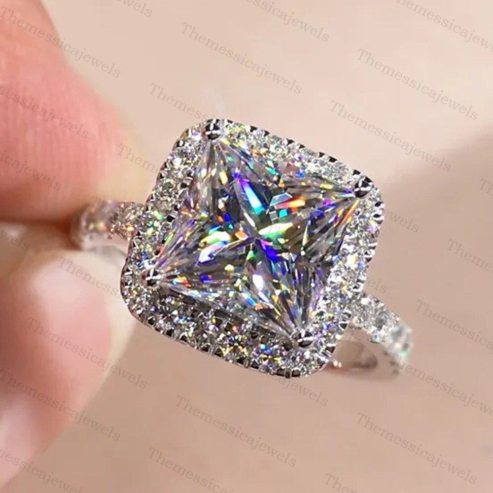 2.76 TCW Princess Cut Moissanite Halo Engagement Ring In 14k White Gold Plated