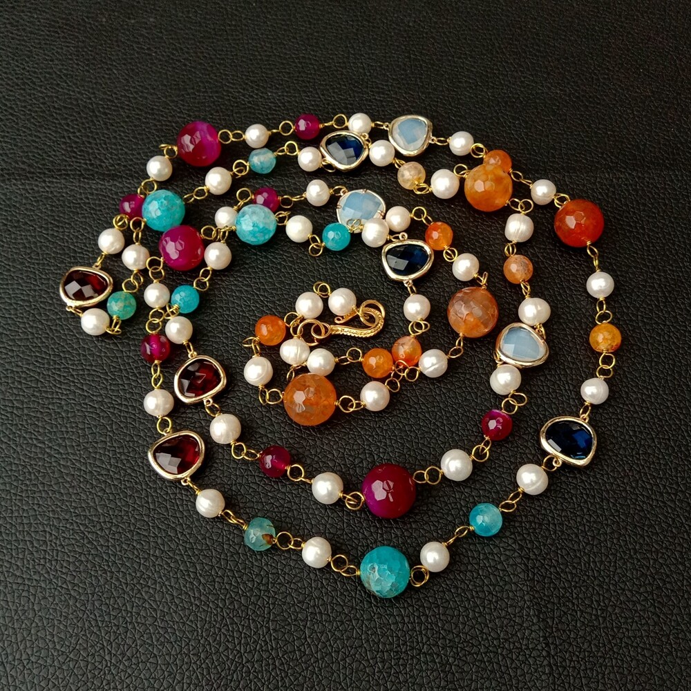 56″ Cultured White Pearl Multi Color Agate Crystal Long Necklace