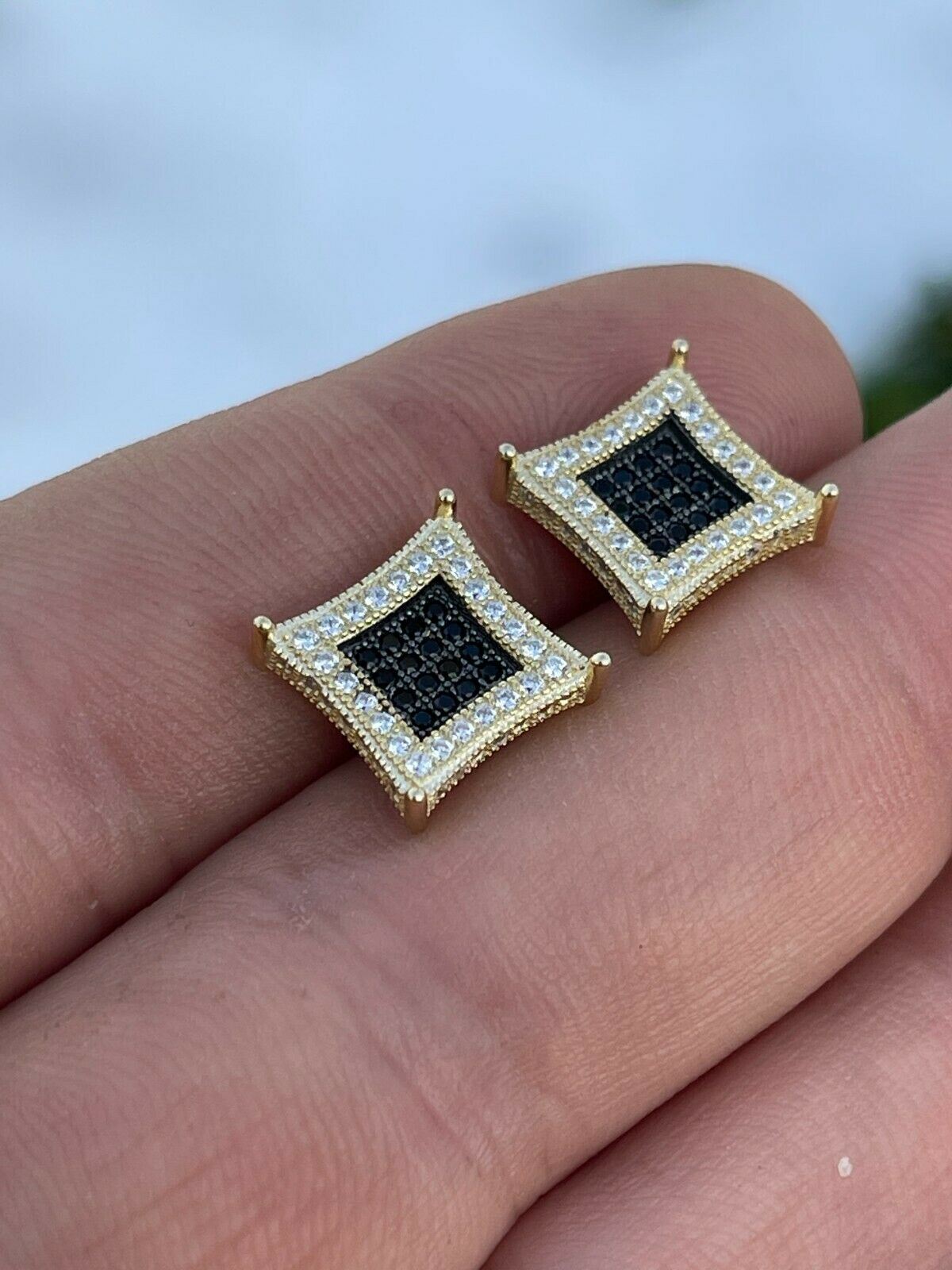 Mens 14K Gold Plated 925 Silver Iced Kite Black CZ Square Earrings Studs