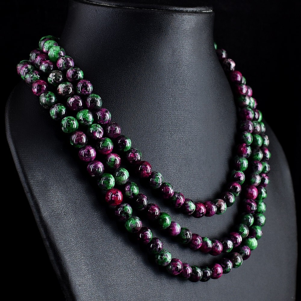 692 Cts Attractive 3 Strands Ruby Zoisite Round Shape Beaded Necklace VK 22 E668