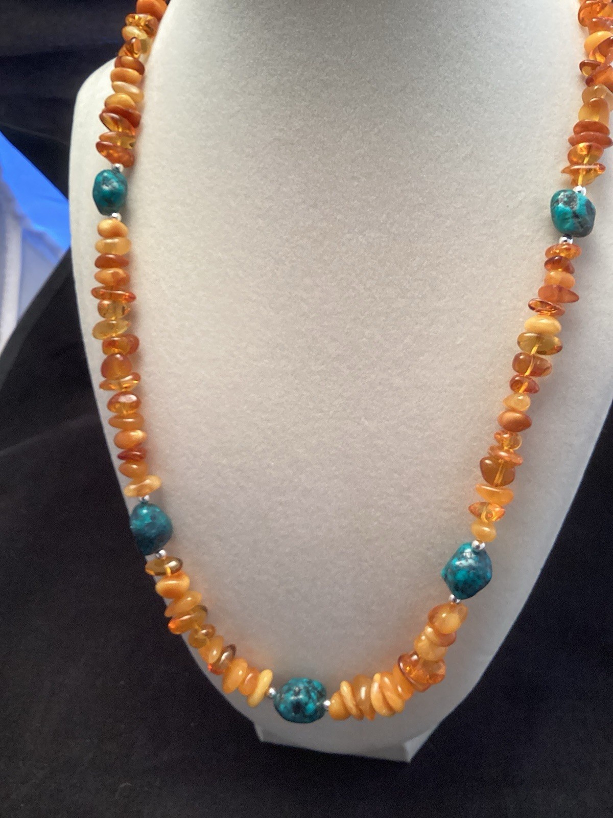 Sterling Silver Amber And Turquoise Pebble Chip Necklace 21.5-22”