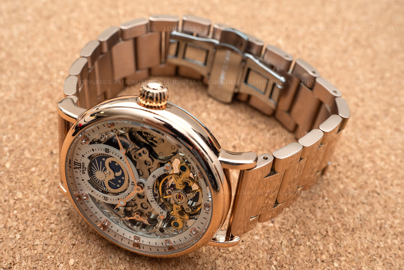 Mens Dual Time Flywheel Automatic Mechanical Watch Rose Gold Stainless Steel