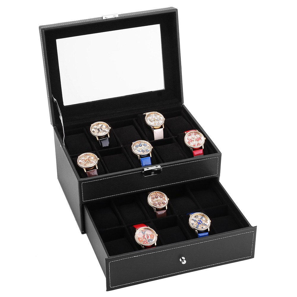 20 Compartments Watch Collection Storage Box Glass Top Display, Lockable, Black~