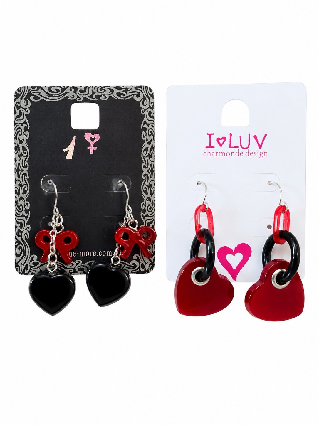 2 Pairs Red Heart & Bow Dangle Earrings Cute Fashion Gift Box Included