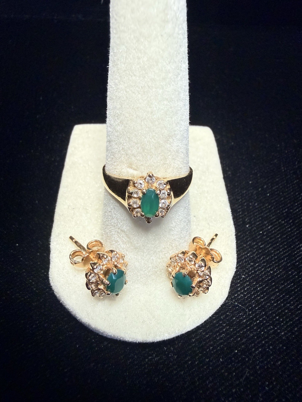 Vintage 18K Gold Emerald Ring & Earrings Set Sz 6.5 Estate Jewelry