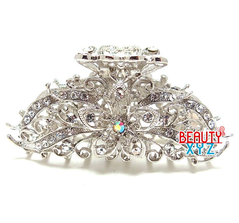 New Woman’s metal Silver color rhinestone flowers hair claw clips pin 8002
