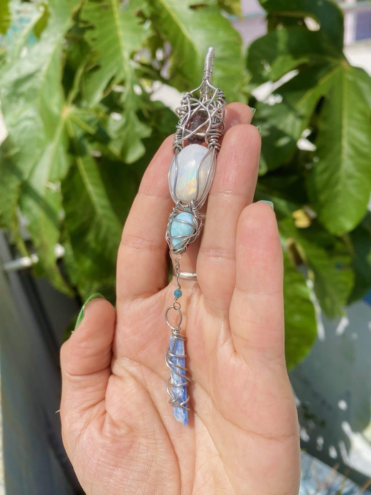 Rainbow Moonstone, Larimar & Kyanite Necklace Amethyst & Blue Apatite Steel