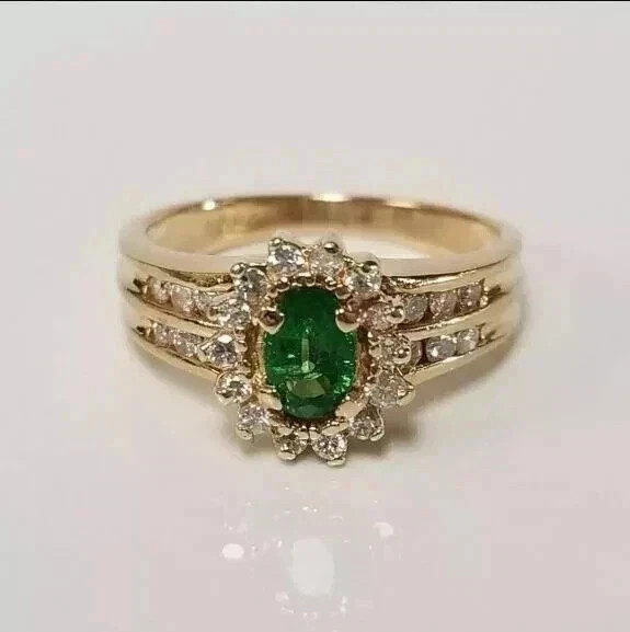 3.50Ct Oval Emerald & Moissanite Halo Ring 925 Sterling Silver 14K Vermeil Gift