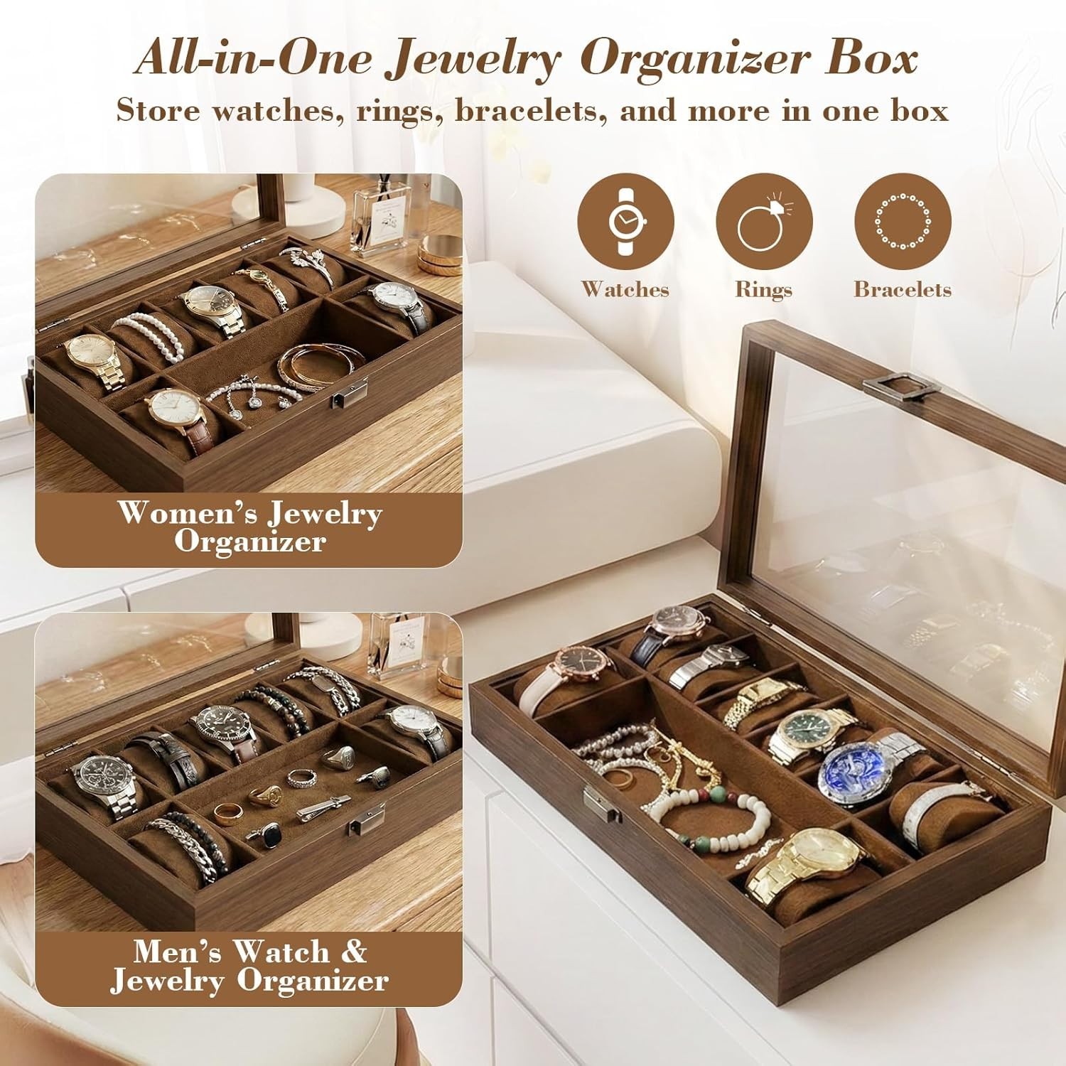 Men’s Watch Storage Box, Vintage Wood-Grain Watch Case with 8+1 Slots