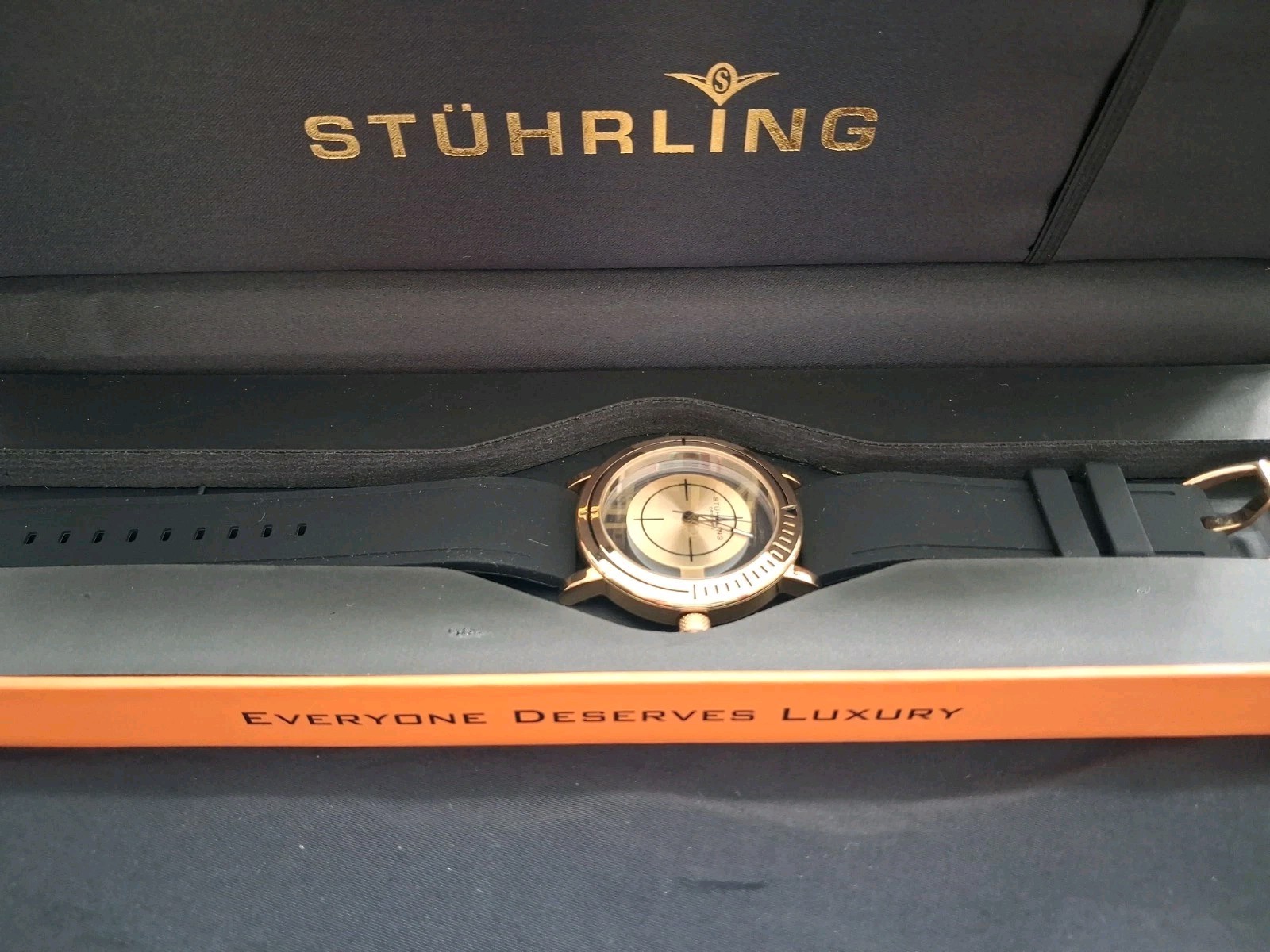 Stuhrling 3915 4 Aviator Quartz Semi Transparent Dial Black Rubber Mens Watch