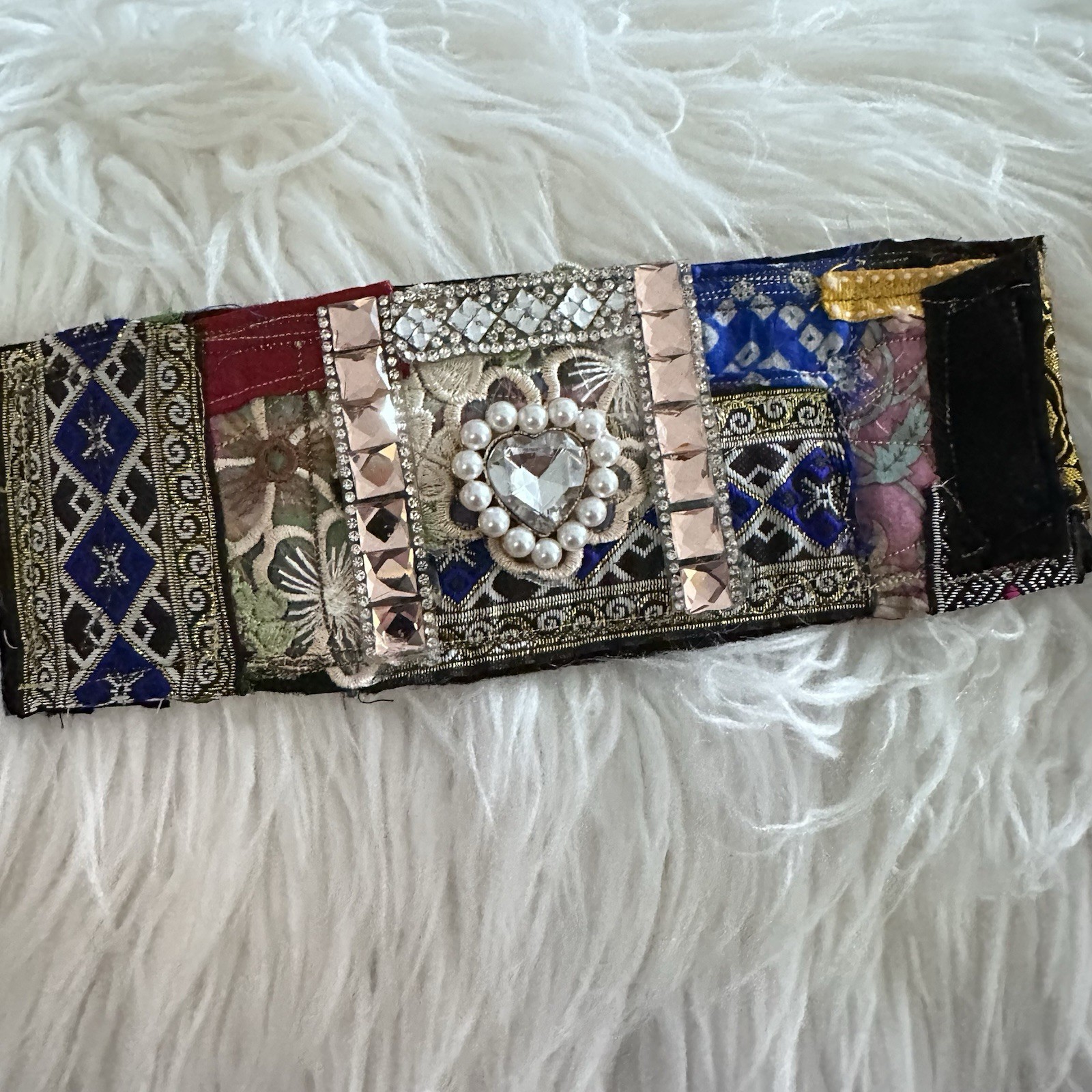Handcrafted Artisan Cuff Bracelet Up Cycled Jewel Pearl Accent Fabric OOAK 7