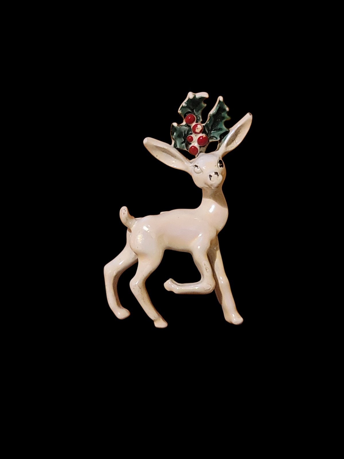 Gerry’s Enamel White Reindeer Brooch Pin Iridescent Christmas Signed Vintage
