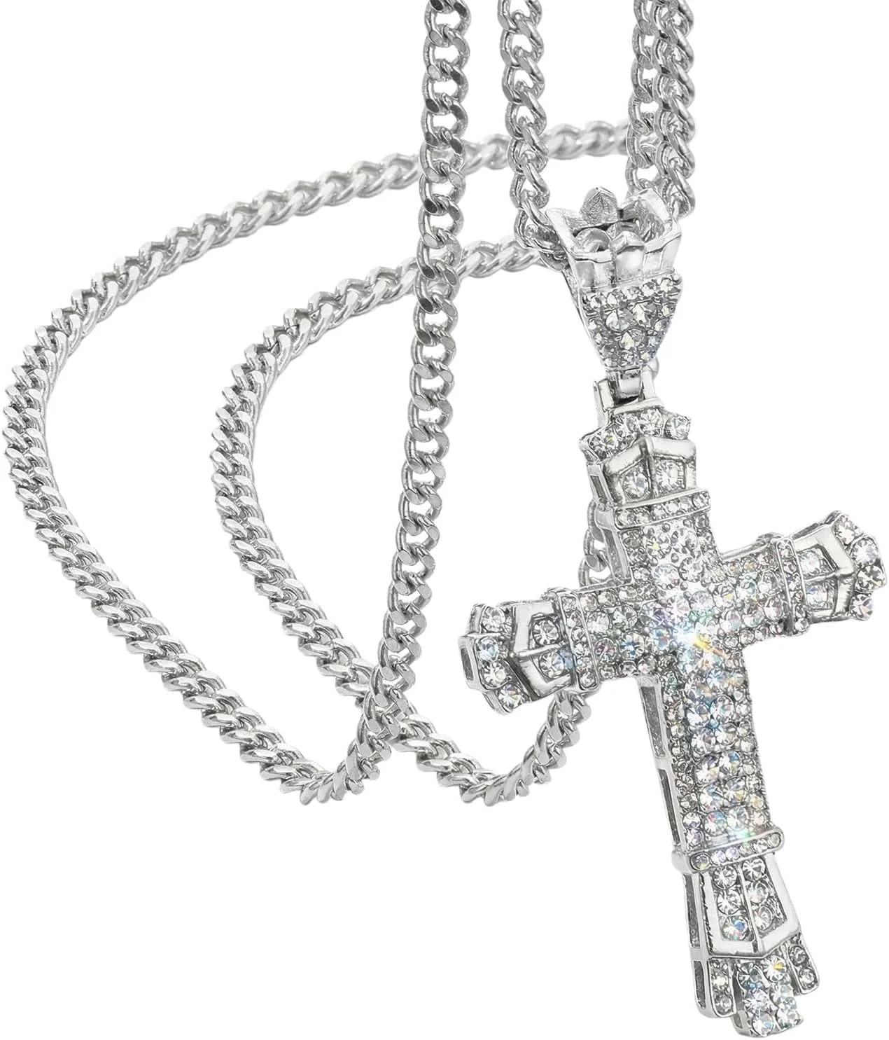 Cross Necklace with Diamonds, Silver Chain, Stainless Steel Pendant, Gothic Chri