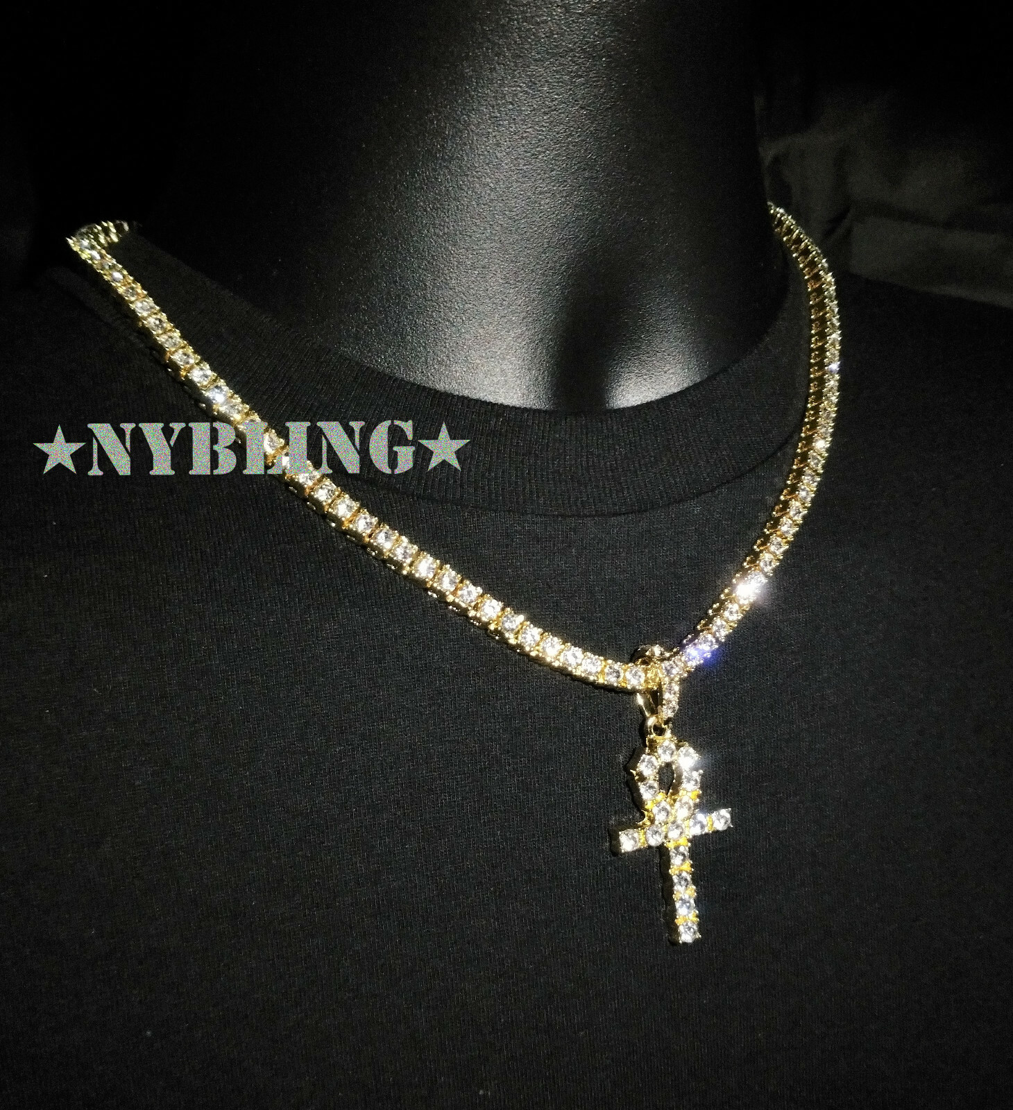 14k Gold Plated Tennis Chain Choker w/ ANKH Pendant ICED CZ Hip Hop Necklace 5MM