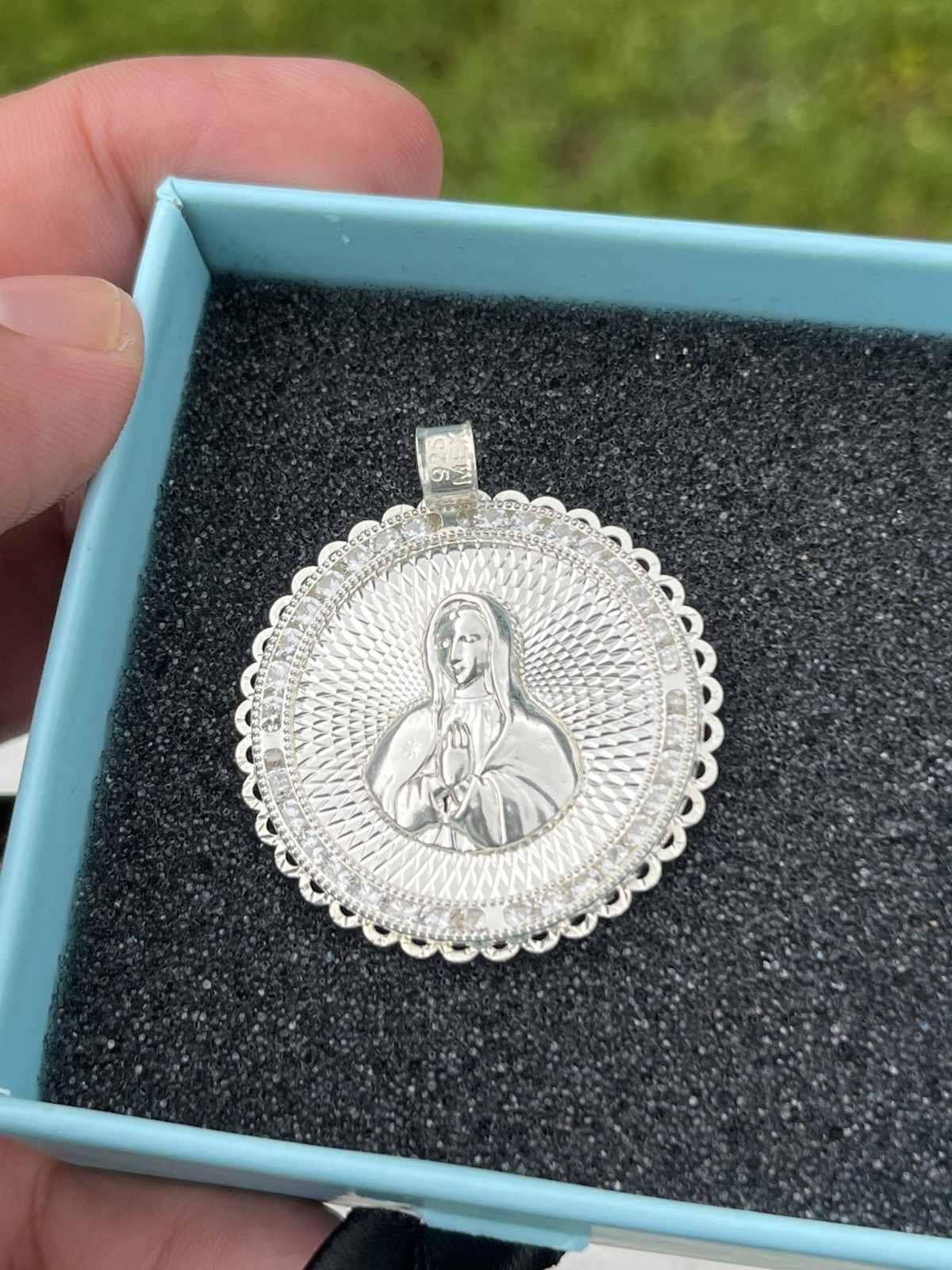 Solid .925 Mary Pendant with Cubic Zirconia Stones