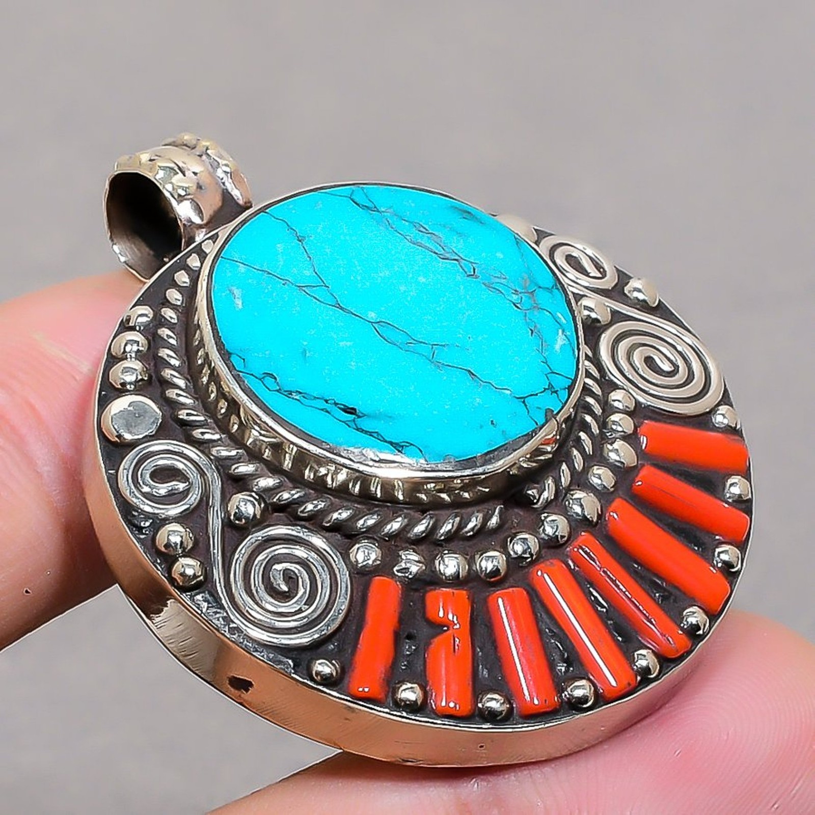 Turquoise Red Coral Gemstone Pendant Handmade Nepali Tibetan Jewelry 1.8″ NP 265