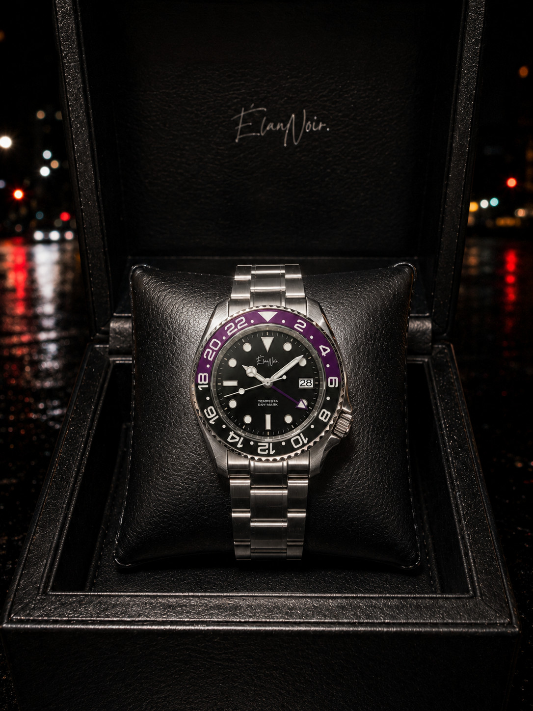 Custom Élan Noir Tempesta GMT Automatic Watch 41mm Steel Black Dial Purple Bezel