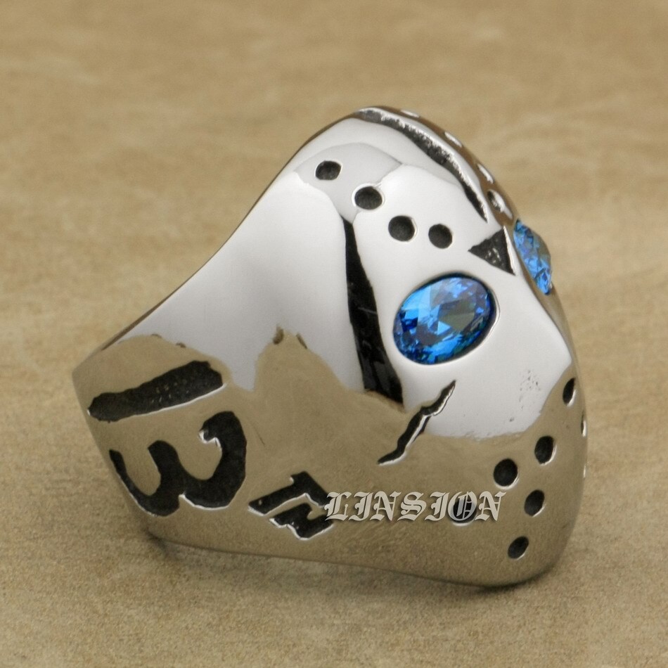Stainless Steel Blue CZ Eyes Halloween JS Hockey Ring Punk Jewelry 3F101D
